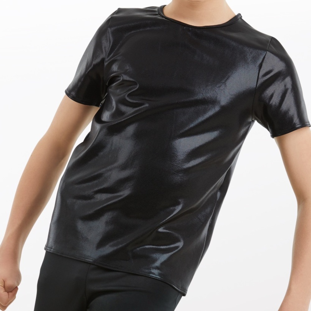 Weissman men’s/unisex black metallic crewneck dance shirt. Style 6670 size MA.